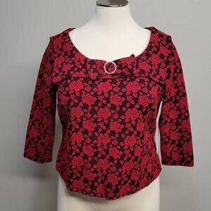 Unique Vintage Top Shirt 2X Red Black Brocade Bow Rhinestone Rockabilly Trad Wif